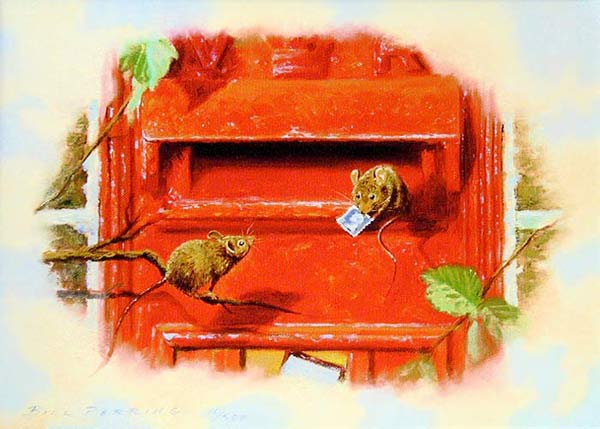 Field mice stealing stamps from a postbox